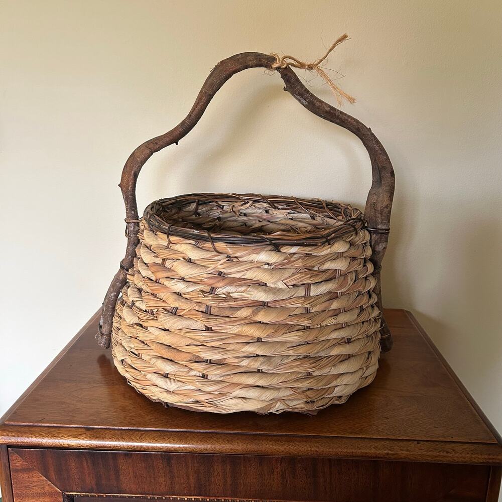 Vintage Rustic Woven Basket, Natural Branch Handle